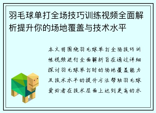 羽毛球单打全场技巧训练视频全面解析提升你的场地覆盖与技术水平